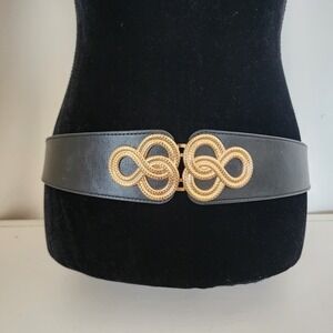Vintage Y2k Statement Waist Belt Stretchy 3" Wide Black Gold Clasp